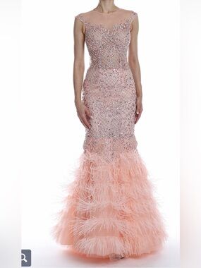 Camilla La Vie Embellished Blush Pink Ostrich Feather Hem Mermaid Prom Crystal